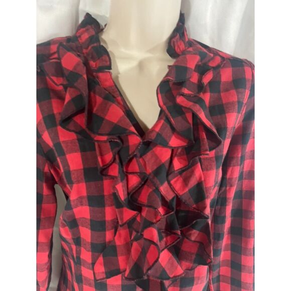Fun Harve' Bernard  ruffled red black buffalo check blouse  size M - Picture 3 of 10